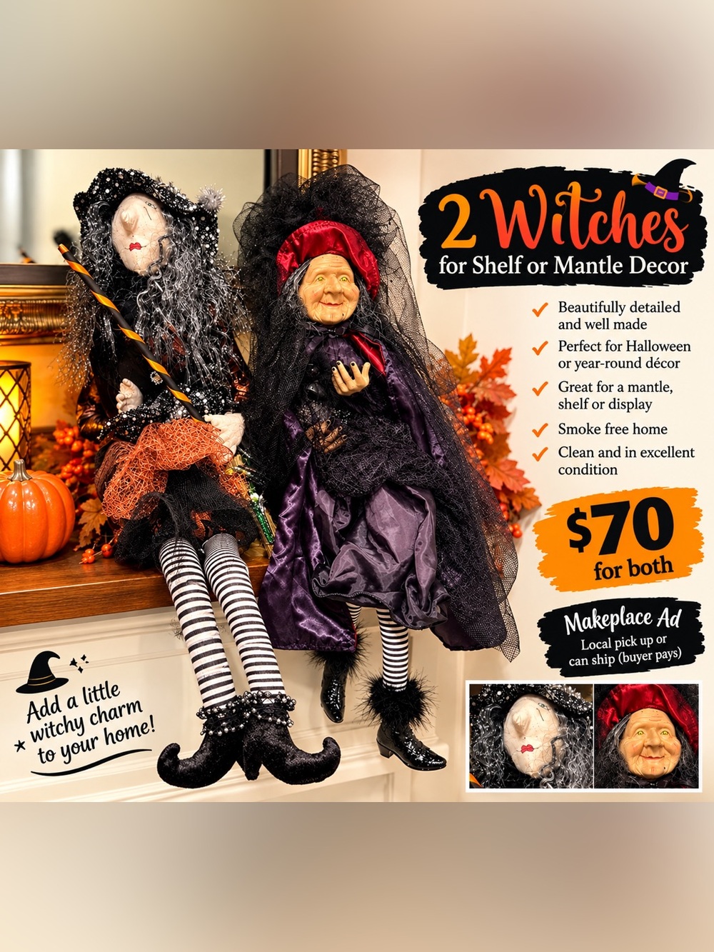 Halloween Witches Home Decor Set/Sign Black, Purple & Red